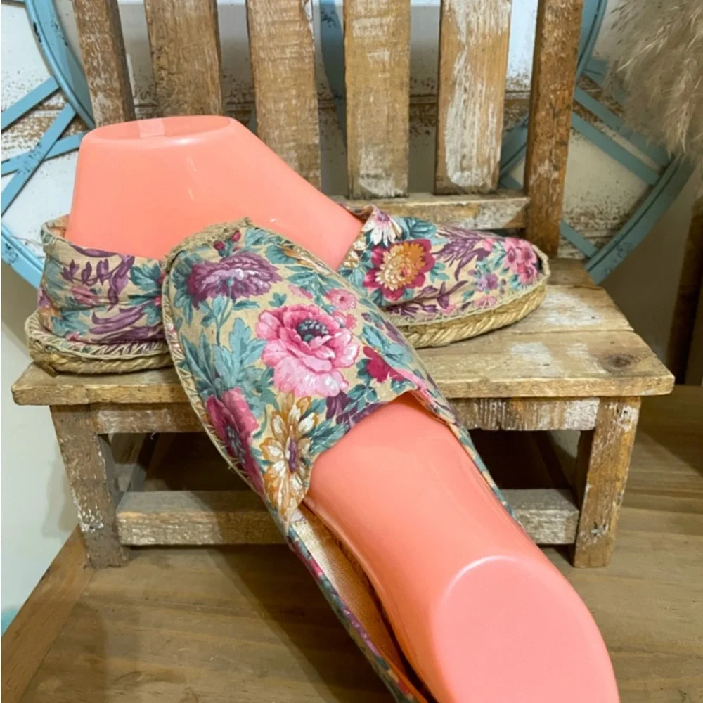 Biarritz Womens Espadrille Floral Shoes Fabric Slip On Rope Sole Spain Sz 8